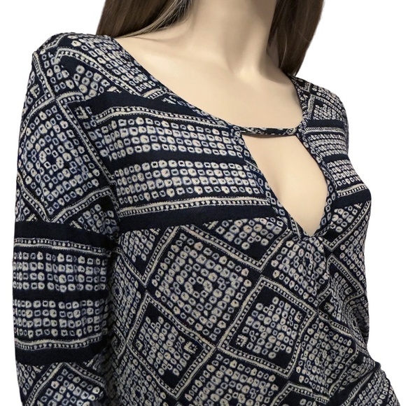 LUCKY BRAND Geometric Boho Blouse Top Shirt Plunge V-Neck Cutout Keyhole Rayon - Picture 7 of 16